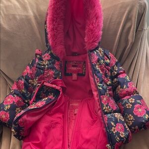 London Fog 24M Girl Snowsuit Set - Like New - Floral Jacket & Matching Pink Bibs